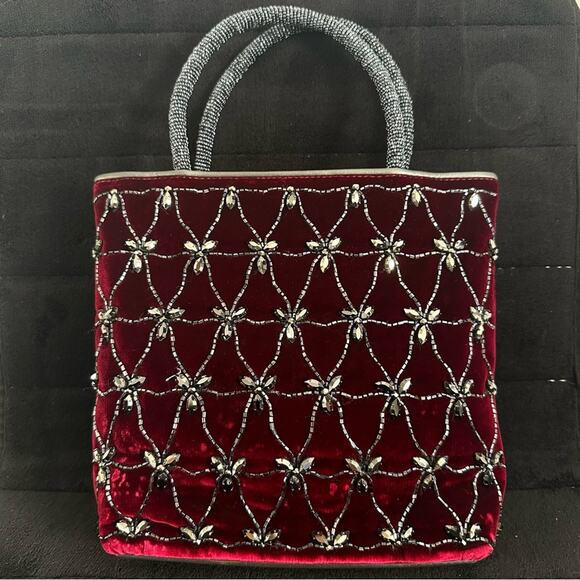 Vintage Christian Dior Velvet Mini Hand Bag in Red Cardinal w/ Pearl Straps - Picture 3 of 14
